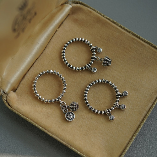 睡莲生生世世 925纯银戒指皇冠锆石豆豆元素复古百搭精致细款尾戒