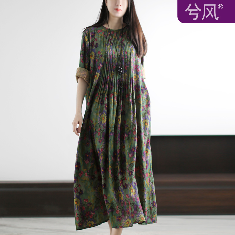 春夏文艺印花森系连衣裙叠褶碎花