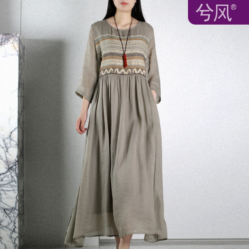 文艺苎麻纯色刺绣复古优雅气质裙