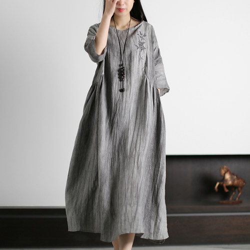 中国风怀旧气质连衣裙褶皱亚麻夏