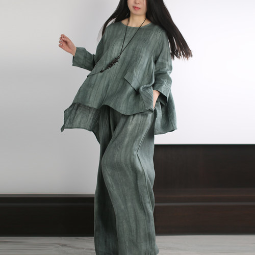 超仙慵懒风扎染亚麻套装怀旧禅服