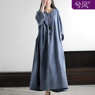 兮风25春夏复古文艺怀旧亚麻连衣裙V领禅意超仙气质佛系大码 长袍