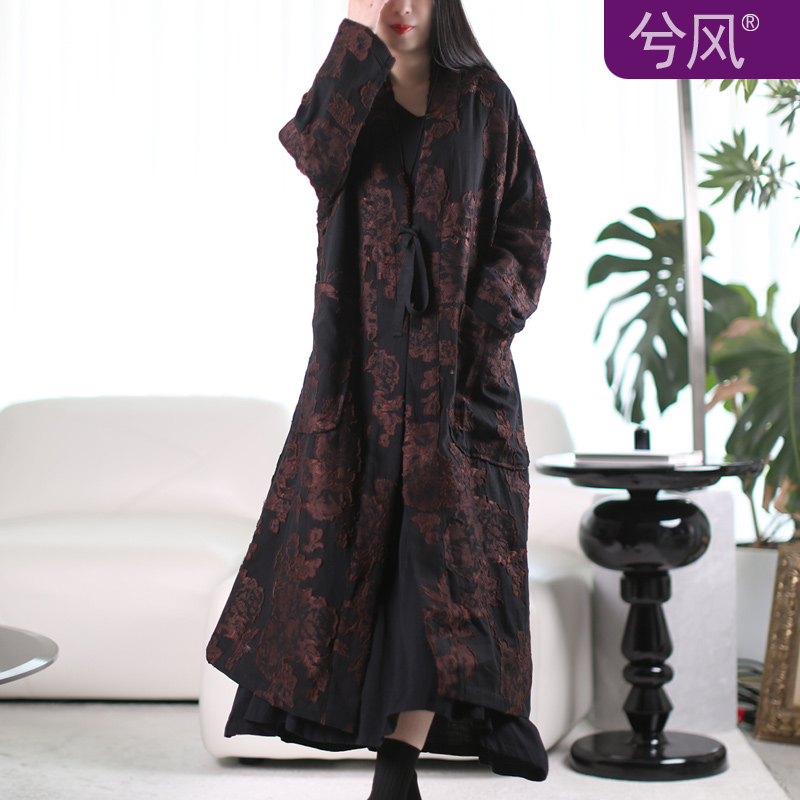 兮风加长复古禅意棉麻提花风衣仙