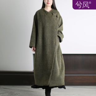 兮风品牌优雅复古大气质羊毛呢外套女禅意不规则加长高端呢大衣冬