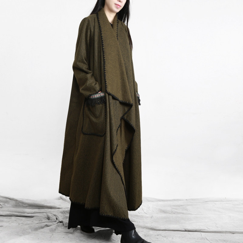 兮风高端大气翻领羊毛呢外套女2023秋冬新不规则大口袋双面呢大衣