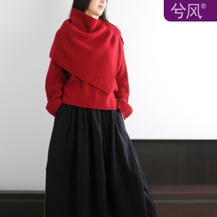 兮风原创高级感假两件绵羊毛衣女百搭设计披肩 上衣025秋冬 落肩款