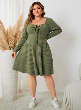 XL-4XL women dresses plus size ladies skirt方领长袖短裙女
