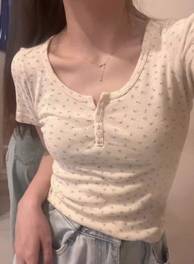 Collar Floral Short Sleeve Short Top Women Summer Slim Slim