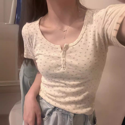 领碎花短袖短款上衣女夏季修身