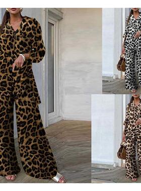 欧美时尚豹纹印花上衣裤休闲宽松套装 Casual loose fitting set