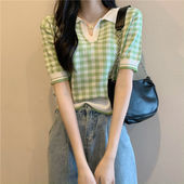 collar fashion short knit Clashing summer sleeve shirt loose