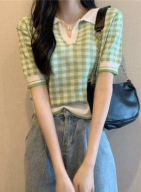 Clashing collar short sleeve knit shirt summer fashion loose