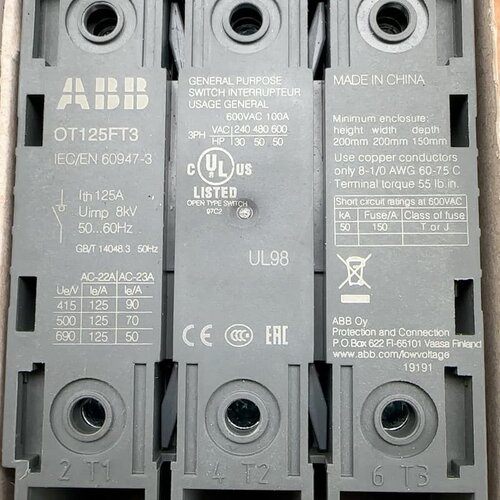 ABB隔离开关 OT125FT3 3P 125A--议价商品