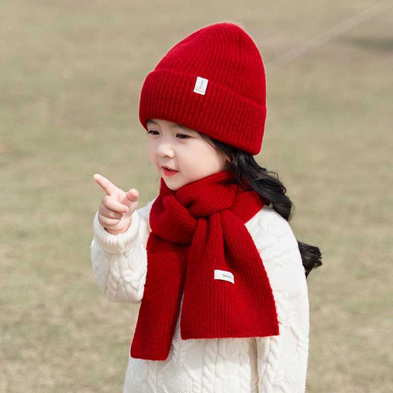 秋冬季儿童帽子围巾套装新年女童针织毛线帽男童圣诞节宝宝保暖
