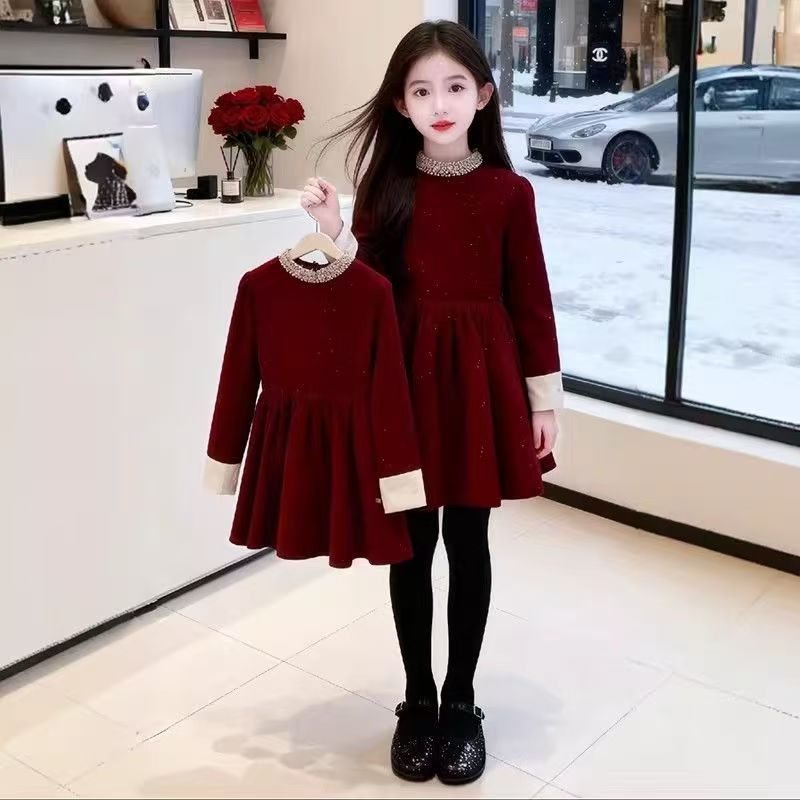 女童冬装加厚连衣裙2026新款儿童韩版洋气加厚保暖圣诞礼服连衣裙