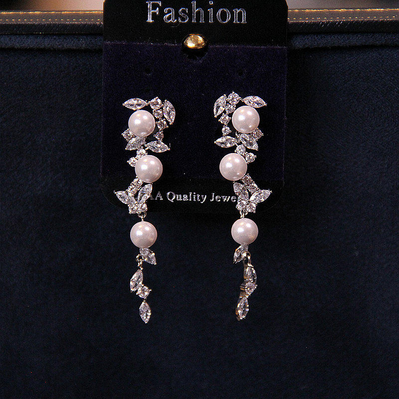 新款超仙流苏气质珍珠耳环长款耳坠新娘婚纱礼服饰品锆石宴会耳夹