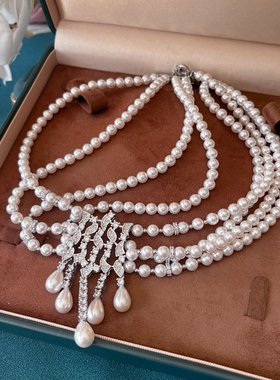 设计感多层人造珍珠项链复古优雅锁骨链锆石婚纱礼服配饰新娘拍照