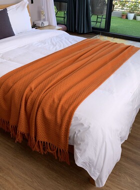 北欧纯色加大床尾巾民宿酒店加厚床尾毯搭巾床旗床盖橙色软装搭毯