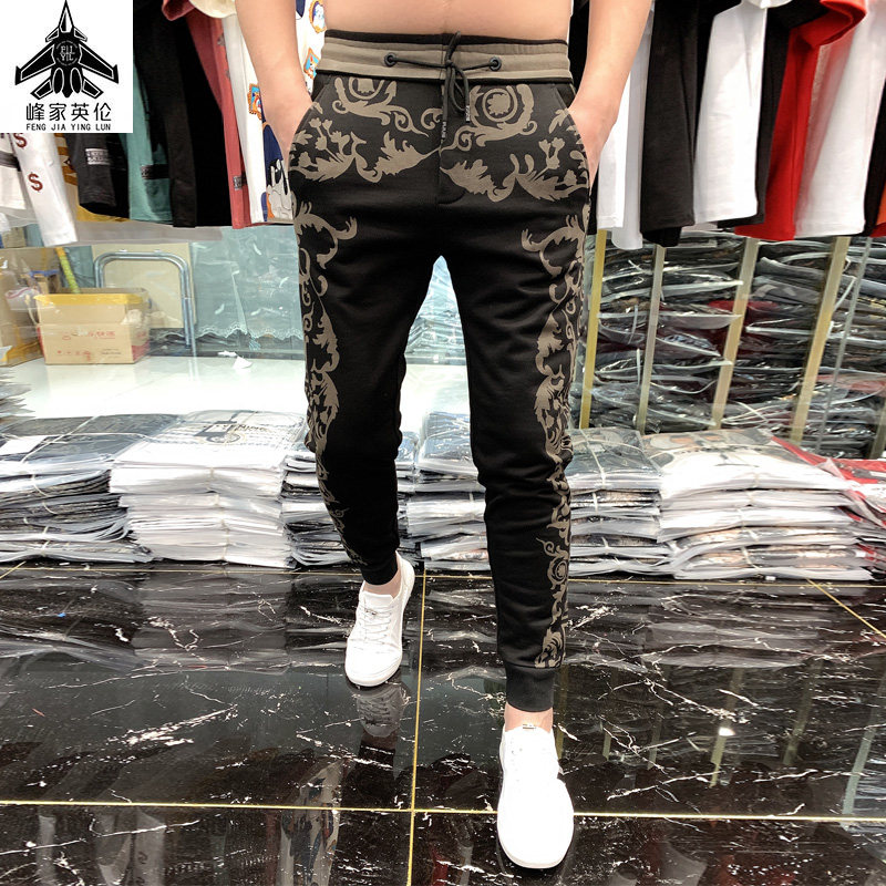 潮男秋冬款小脚男士哈伦裤潮流男长裤小腿韩版休闲裤修身碎花男裤