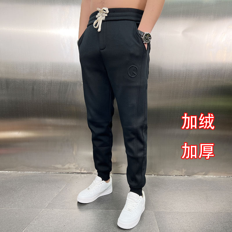 潮男秋冬新款小脚哈伦裤潮男加绒加厚长裤小腿韩版修身刺绣休闲裤