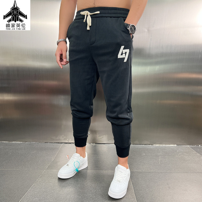 潮男秋季新款小脚哈伦裤潮男数字刺绣长裤小腿韩版休闲裤修身卫裤