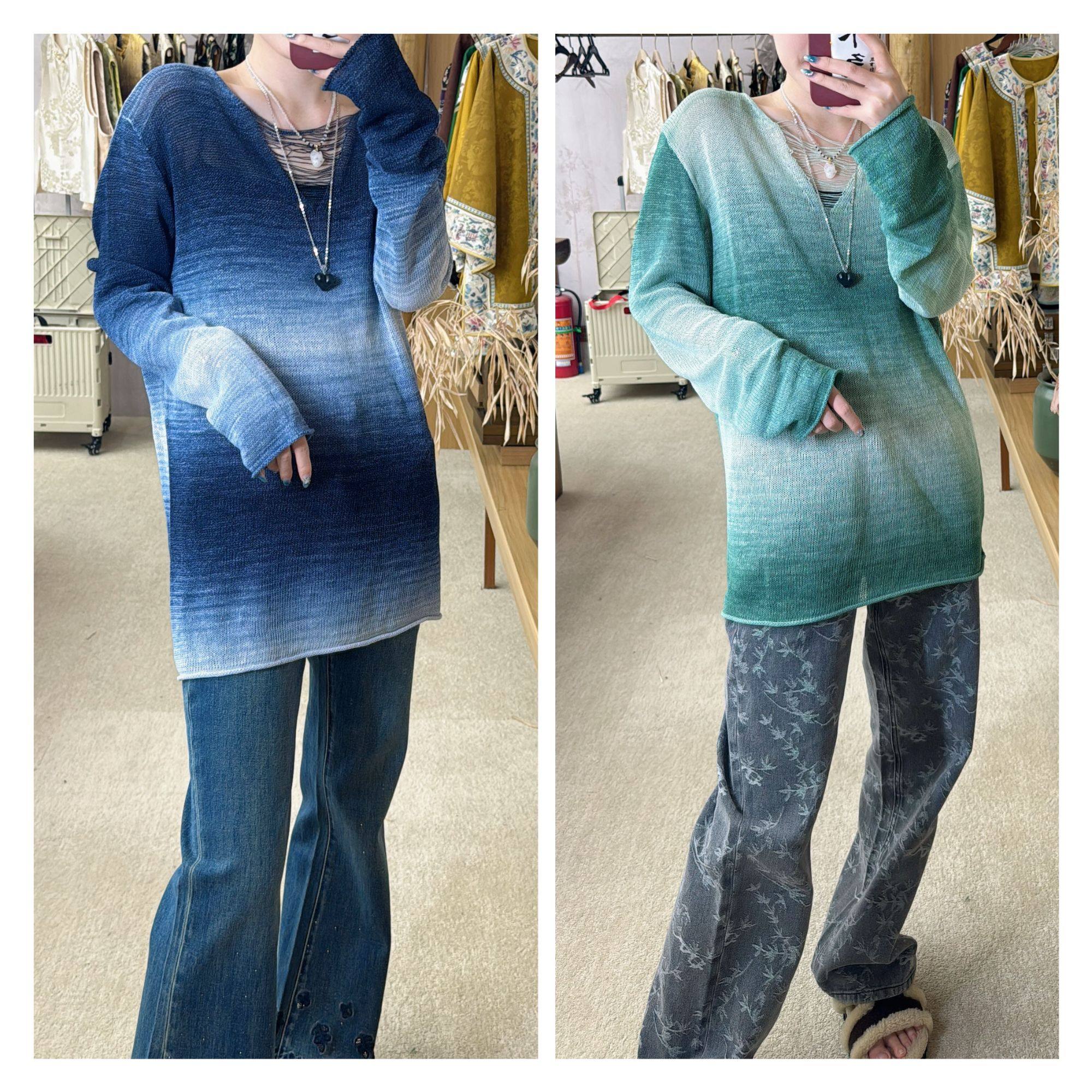 段染和纸纱！彩虹渐变中长款针织上衣！30-906