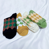 外贸果绿森绿菱格袜子春秋ins潮纯棉中筒袜配博肯鞋 简约好搭透气