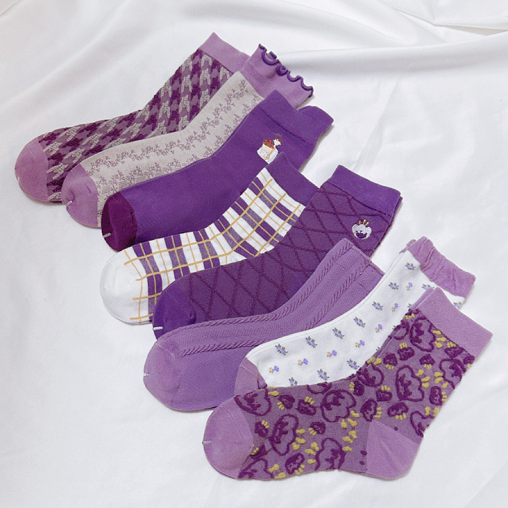 复古紫色浮雕碎花女中筒棉袜可爱日系ins风森系木耳边袜子春秋款,女士内衣/男士内衣/家居服,中筒袜,淘宝优惠券,粉丝福利购,淘宝优惠卷