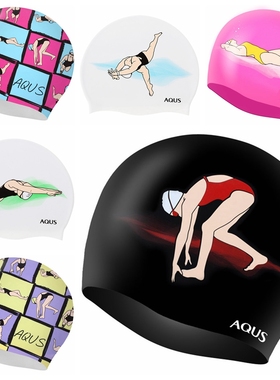 韩国进口泳帽AQUS硅胶印花可爱甜美系游泳帽个性漂亮小香风舒适大