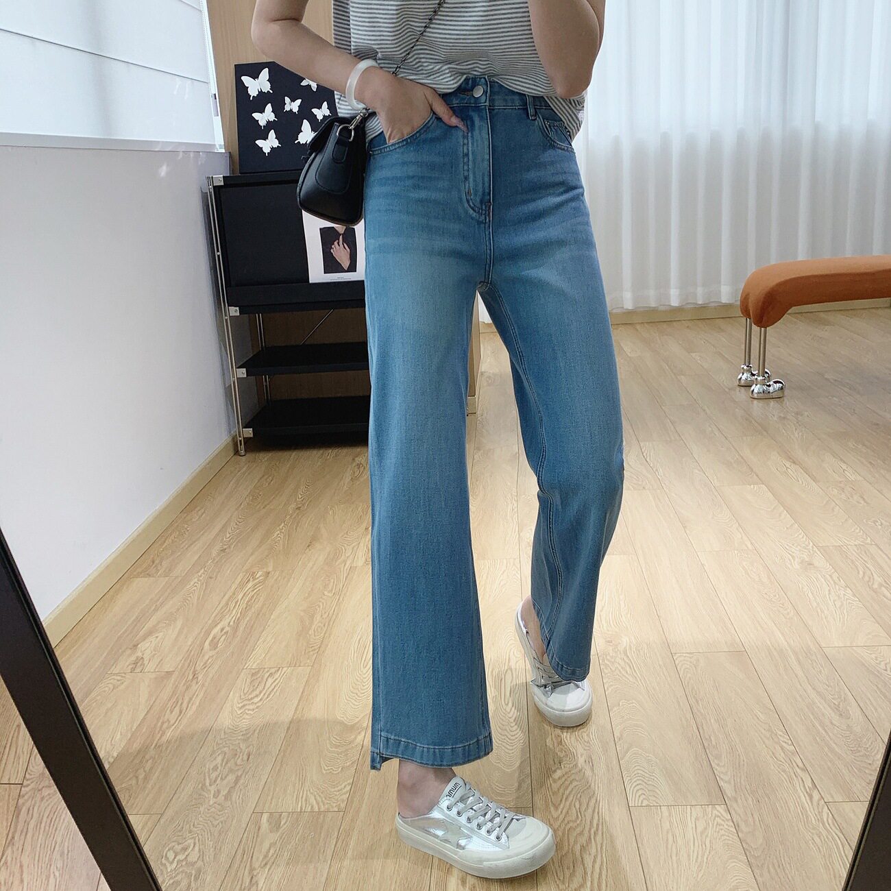 蛋卷直筒裤。莱赛尔四面弹高腰显瘦宽松牛仔裤女春夏九分阔腿裤