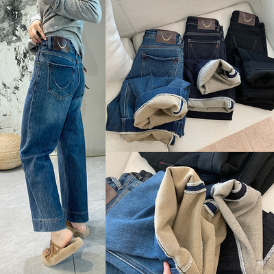 小个子加绒神裤！巨显瘦四面弹直筒牛仔裤女秋冬厚宽松保暖阔腿裤