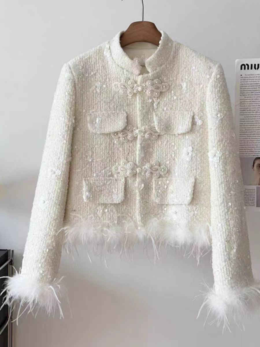 2023冬季新款女装优雅名媛气质白色粗花呢短款外套