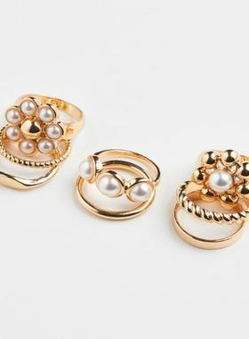 HM正品折扣金属重磅欧美珍珠INS几何COS花朵走秀大牌戒指一套