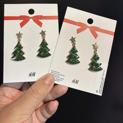 HM欧美大牌绿色圣诞树星星耳环