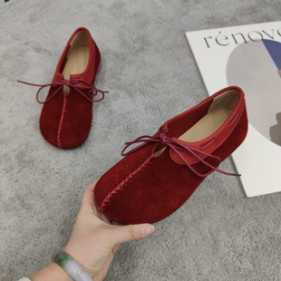 复古圆头反绒牛皮奶奶鞋女2826春季新款平底娃娃头软底舒适单鞋潮