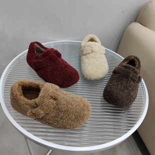 全羊毛加绒勃肯鞋女2025冬季新款平底大头低帮棉鞋时毛毛鞋潮款