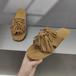 真皮流苏夹脚人字拖鞋女外穿夏季新款磨砂牛皮洋气休闲凉拖鞋