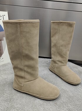 韩版真皮高筒靴女2025冬季新款磨砂皮平跟圆头简约百搭套筒骑士靴