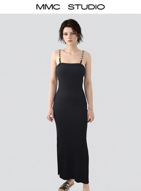 MMC M家法式重工修身黑色吊带针织连衣裙冰麻气质2025早春新款女
