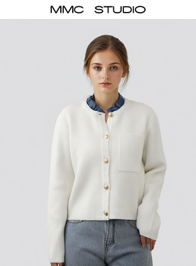 MMC S家法式气质名媛重工木耳领白色针织开衫外套上衣经典款2025