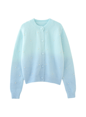 MMC欧货法式温柔气质渐变蓝色珍珠点缀针织开衫外套毛衣上衣小众