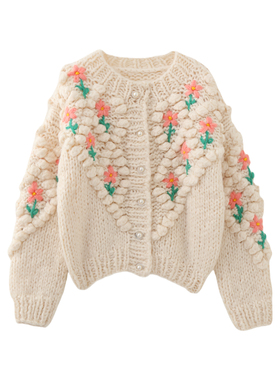 MMC甜美手工粗棒针立体手钩花朵毛衣针织开衫温柔风毛衣上衣复古