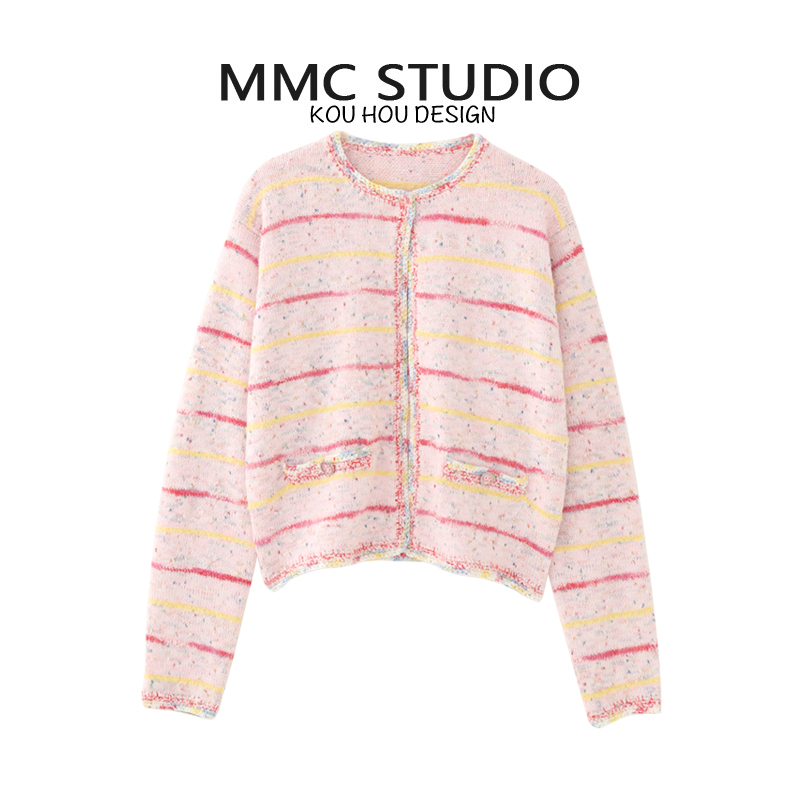 蔻后针织圆领条纹撞色开衫毛衣