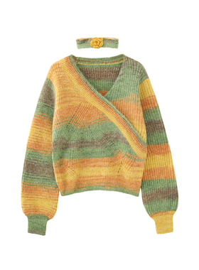 MMC甜美温柔风渐变条纹针织毛衣交叉V领两件套装上衣小众设计感女