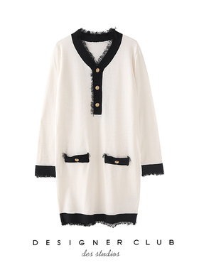 mmc stduio针织赫本风连衣裙小心机设计感黑白拼色V领流苏