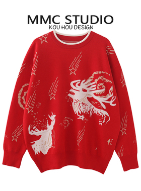 MMC 春节喜庆红色重工提花圆领长袖慵懒风套头针织衫毛衣外套上衣