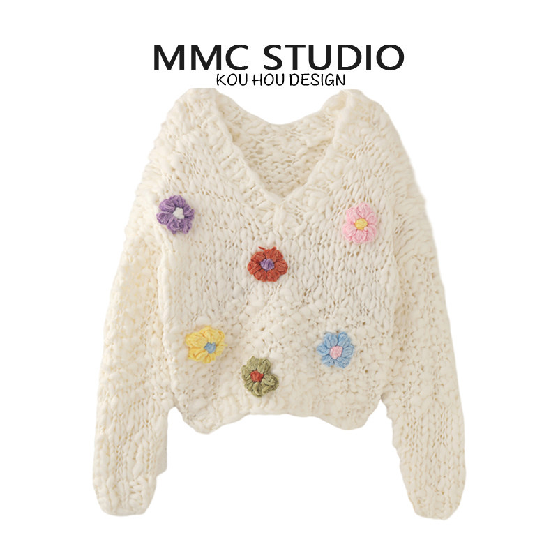 MMC 欧货重工法式手工粗棒针手钩立体花朵V领加厚套头针织衫毛衣
