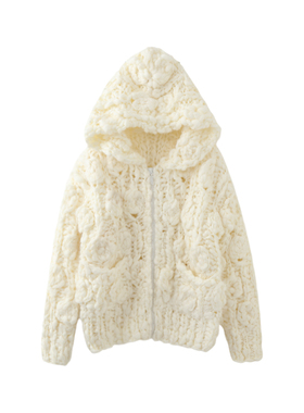 MMC复古手工钩花毛衣外套女连帽宽松针织开衫宽松慵懒风温柔上衣