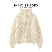 MMC 外套毛衣 欧货重工粗针棒针手工编织球球高领拉链加厚针织开衫