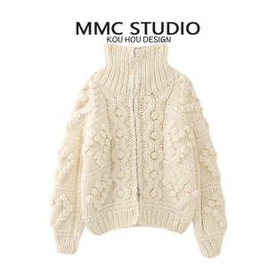 MMC 外套毛衣 欧货重工粗针棒针手工编织球球高领拉链加厚针织开衫